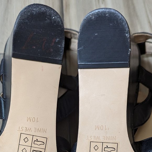 NINE WEST Women's Wedge Leather Sandals Gold Buckle Black Strap 4" Heel … - Picture 5 of 8